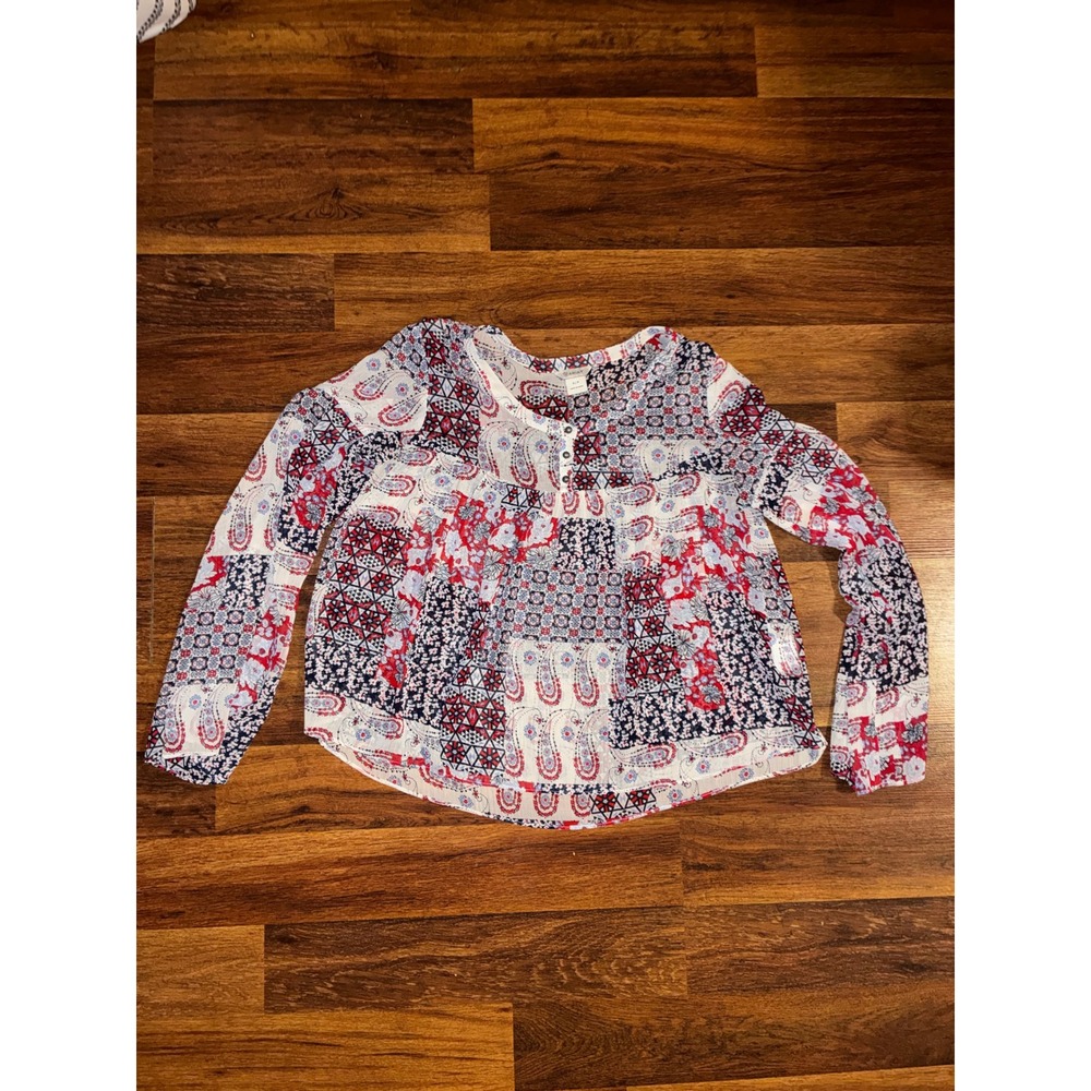 Ariat Womens Red White Blue Paisley Patchwork Long Sleeve Peasant Blouse Small